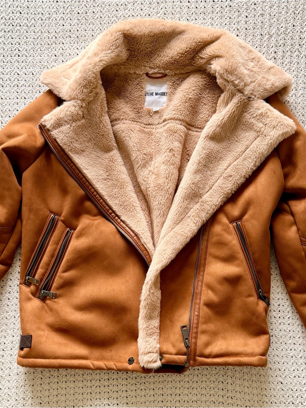 Steve Madden Camel Tan Teddy-Lined Moto Jacket